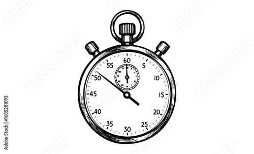 Black and white illustration of vintage stopwatch with detailed markings. Vector retro hand drawn illustration