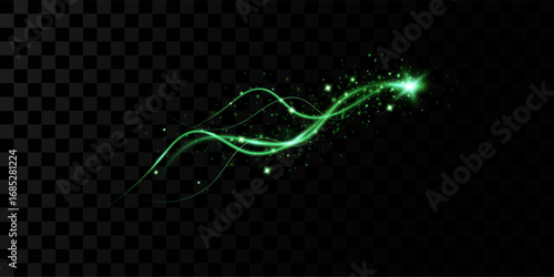Magic green wind festive isolated on transparent background. green comet with sparkling stars and dust. Powder dust light. Magical shining green dust.