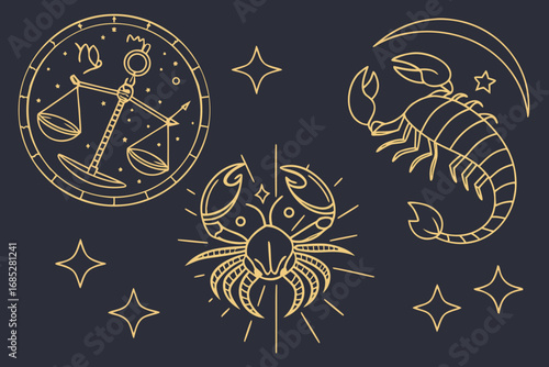 Zodiac Sign Collection with Libra Scorpio and Cancer in Golden Outline Design Astrology and Horoscope Illustrations for Website or Print Media