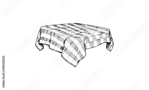 Detailed sketch of checkered tablecloth on square table. Vector retro hand drawn illustration