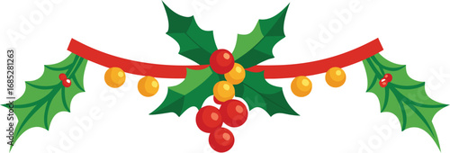 Christmas fir garlands, red bow and jingle bells. Flat vector illustration on transparent background