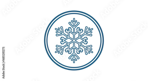 Stylized blue line art snowflake icon enclosed in a double circle frame.