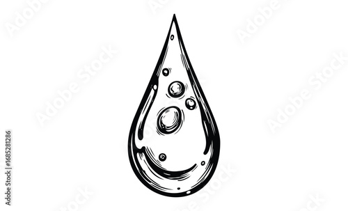 Monochrome water droplet with bubbles in artistic design. Vector retro hand drawn illustration