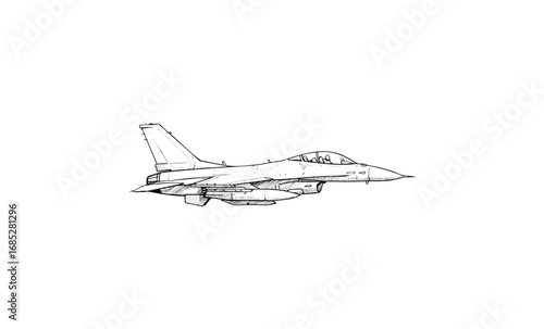 Detailed black and white illustration of a fighter jet in mid-flight. Vector retro hand drawn illustration