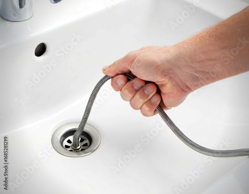 Foto A hand uses a plumbing snake to clear a clogged drain in a white sink, illustrating home maintenance, repair, and problem-solving