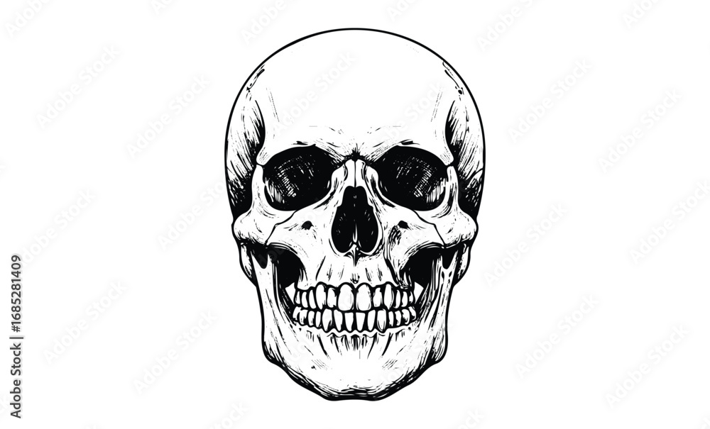 Fototapeta premium Detailed black and white skull illustration with intricate lines. Vector retro hand drawn illustration