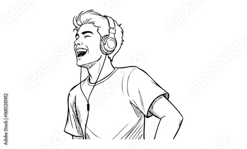 Young caucasian male teen enjoying music with headphones. Vector retro hand drawn illustration