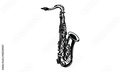Black and white saxophone illustration with detailed design. Vector retro hand drawn illustration