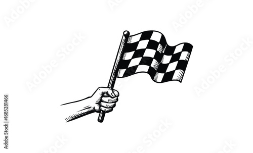 Hand holding checkered flag drawing: symbol of racing victory and motorsport finish line. Vector retro hand drawn illustration