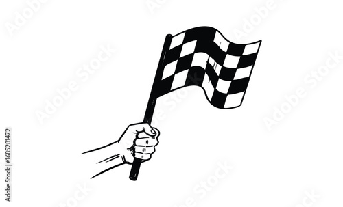 Hand waving black and white checkered flag signifying end of race in racing event. Vector retro hand drawn illustration