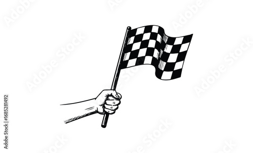 Black and white checkered flag handheld symbol of victory and completion. Vector retro hand drawn illustration