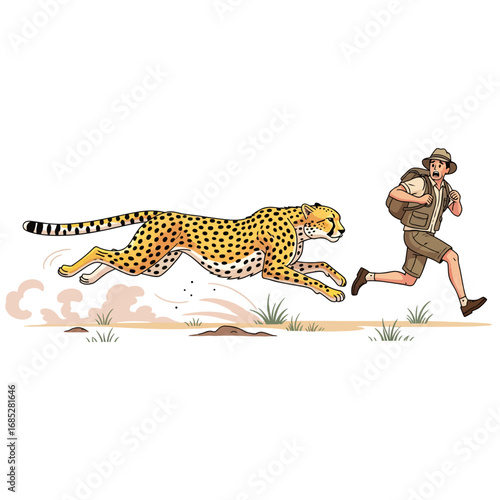 Cheetah chasing safari tourist.ai illustration of a fast cheetah running after a scared tourist, capturing the thrill of a wildlife safari adventure