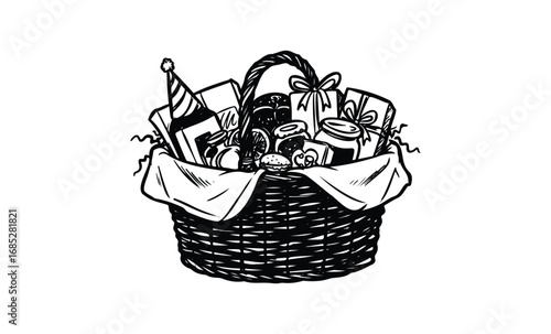 Hand-drawn gift basket with wrapped presents and party hat. Vector retro hand drawn illustration