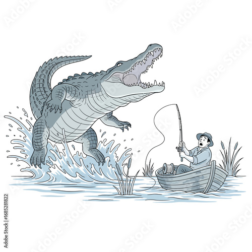 Crocodile ambushing river fisherman.ai illustration depicting a large crocodile jumping out of the water to surprise a terrified fisherman in his small boat