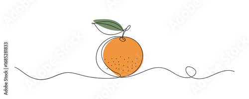Minimalist Orange Fruit Vector Illustration in Continuous Line Art Style with Leaf Detail