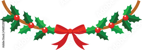 Christmas fir garlands, red bow and jingle bells. Flat vector illustration on transparent background