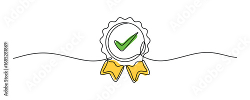 Quality Guarantee, Check Mark and Ribbon in Continuous Line Art