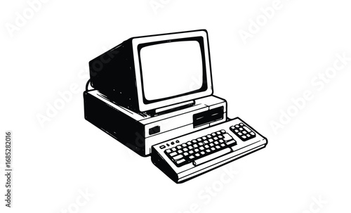 Vintage desktop computer from the 1980s with keyboard and monitor. Vector retro hand drawn illustration