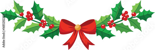 Christmas fir garlands, red bow and jingle bells. Flat vector illustration on transparent background