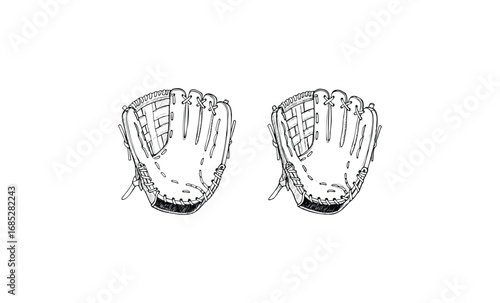 Pair of baseball gloves in black and white illustration. Vector retro hand drawn illustration