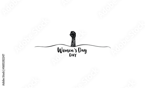 International women's day symbol with raised fist representing strength and unity. Vector retro hand drawn illustration