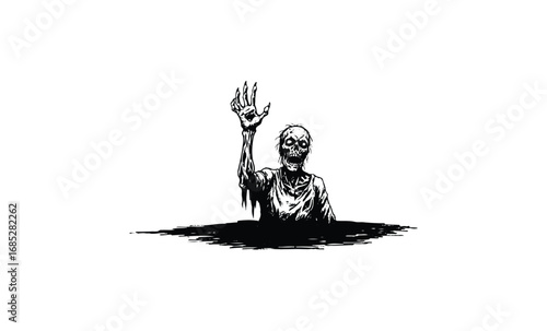 Zombie emerging from dark pit with raised hand. Vector retro hand drawn illustration