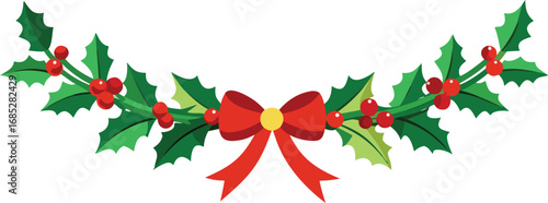 Christmas fir garlands, red bow and jingle bells. Flat vector illustration on transparent background