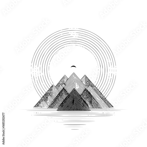 Minimalist mountain range art print black and white landscape drawing nature scene geometric mountain illustration