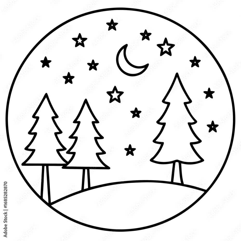 Fototapeta premium Starry Night Over Forest Line Art