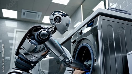 Futuristic humanoid robot doing laundry loading clothes into washing machine in modern smart home laundry room