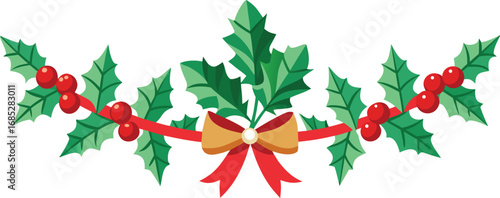 Christmas fir garlands, red bow and jingle bells. Flat vector illustration on transparent background