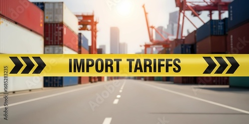 Import Tariffs Concept on a Shipping Port with Containers. It represents the concept of import tariffs with a caution tape on a shipping port with containers. transparent background
