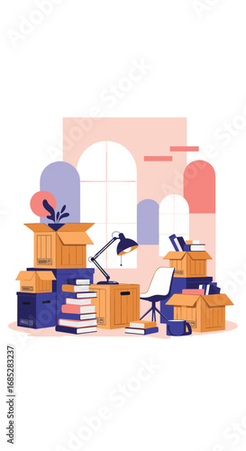 Packing up office items for moving day or relocation service with cardboard boxes and furniture