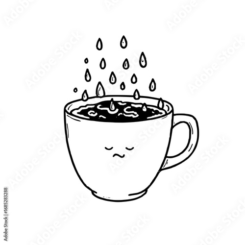 Cute coffee cup illustration with falling drops coffee art vector drawing for cafe and beverage designs