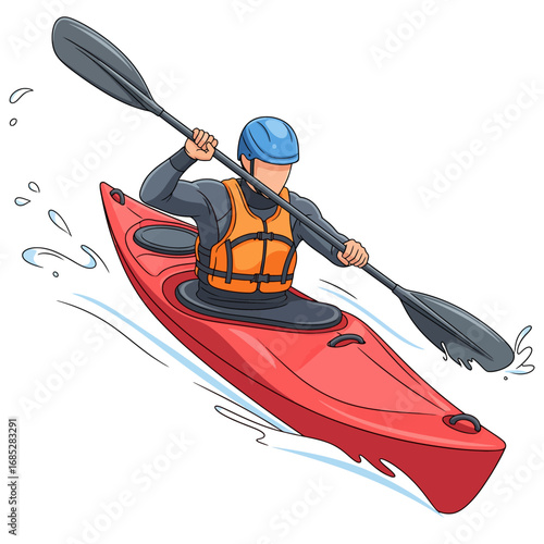 Kayak River Adventurer Paddler Vector. A person in a red kayak paddling down a river with a sense of action and movement, perfect for illustrating outdoor water sports and adventure
