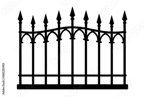 Elegant Wrought Iron Fence Section Silhouette with Ornate Spear Top Finials and Curved Arch Design, Ideal for Architectural Embellishment, Property Security, and Boundary Definition. Classic Metalwork