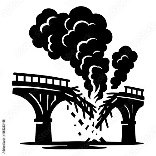 Dramatic black and white illustration of a sturdy arch bridge violently collapsing at its very center, engulfed in intense flames and thick, dark smoke billowing high into the sky, symbolizing catastr