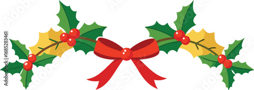 Christmas fir garlands, red bow and jingle bells. Flat vector illustration on transparent background