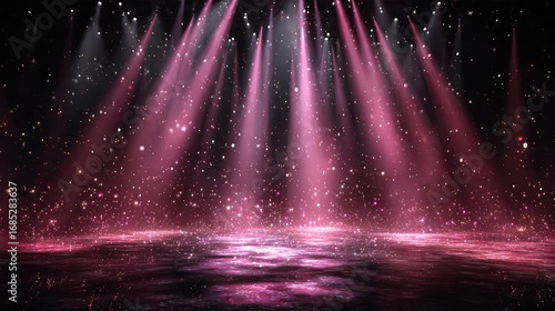 Stage lights shine through pink smoke filled with glittering particles