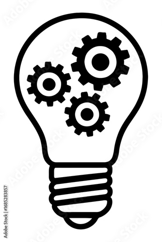 Innovation Mechanism Icon: A dynamic graphic merging a classic lightbulb with intricate gears, symbolizing the structured development of ideas, problem-solving processes, intellectual engineering, and