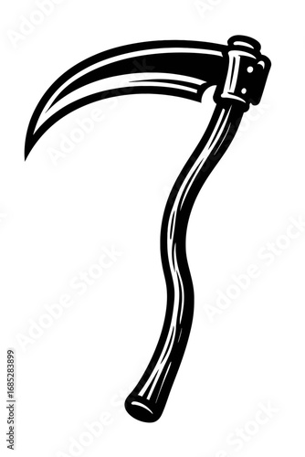 Vintage Black & White Scythe Illustration: Classic Agricultural Tool and Powerful Symbol of Harvest, Mortality, and Grim Reaper Mythology. Traditional Design Artwork Perfect for Tattoos, Halloween, an