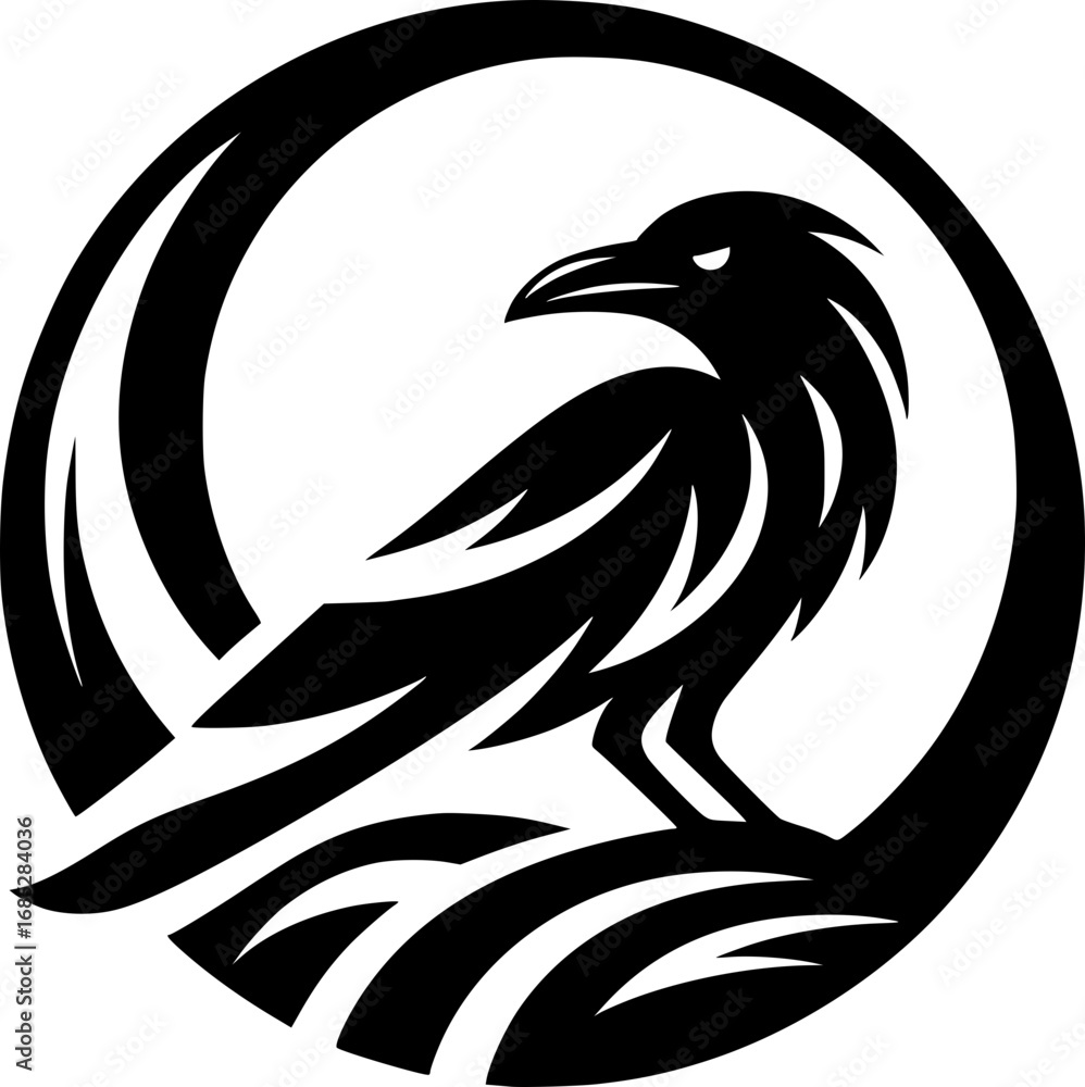 Fototapeta premium Minimalist black and white vector icon of a crow in clean lines, modern style, scalable, perfect for stickers, logos, or digital use.