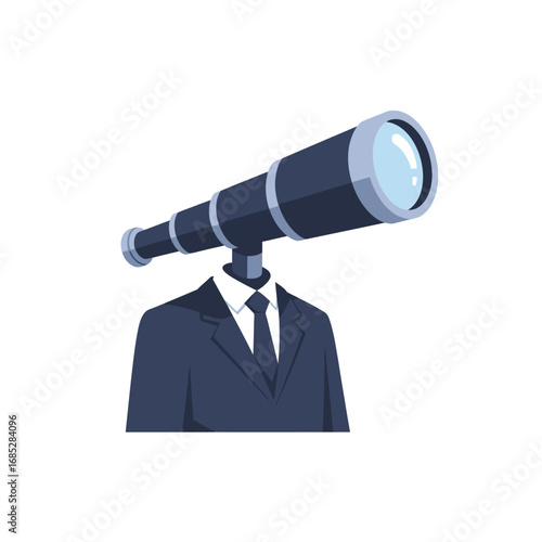 Businessman with Telescope Head Gazing into Future - Vector Illustration on White Background
