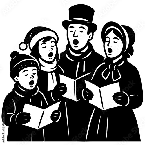 Monochrome illustration: a family of four (two adults, two children) in winter attire, joyfully singing traditional Christmas carols from open songbooks. A classic holiday scene evoking warmth, festiv
