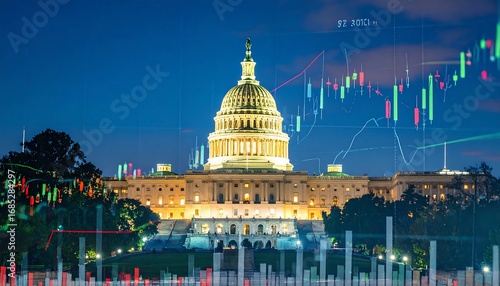 US Capitol Building at Night with Financial Data Overlay