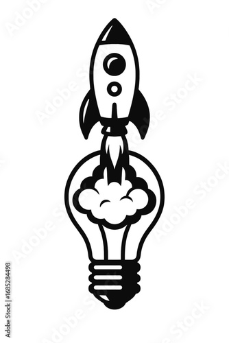 Rocket Launching from Lightbulb: The Ultimate Symbol of Innovation, Breakthrough Ideas, Startup Success, Creative Ignition, Dynamic Project Launches, & Unstoppable Progress. Igniting New Ventures, Bri