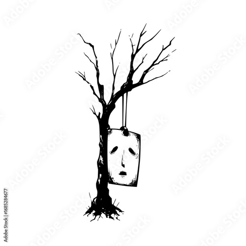 Sad mask hanging on dead tree drawing illustration for halloween or depression concept art black and white image