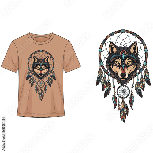 Stylized tribal wolf dreamcatcher t-shirt vector illustration featuring a detailed wolf head with traditional patterns and feathers, perfect for apparel design