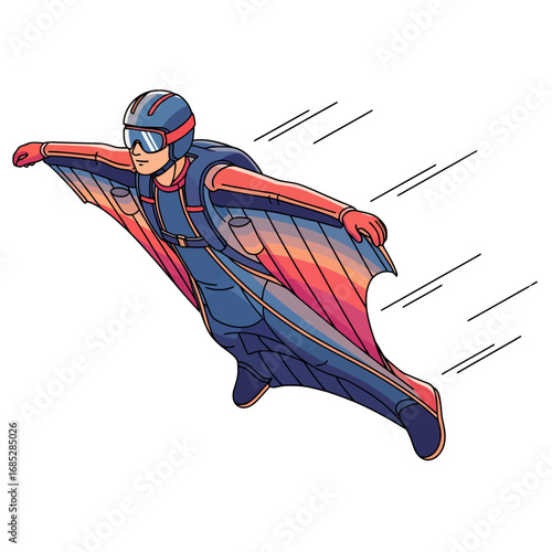 An extreme sports enthusiast is soaring through the air in a wingsuit, a thrilling wingsuit flying adventurer character