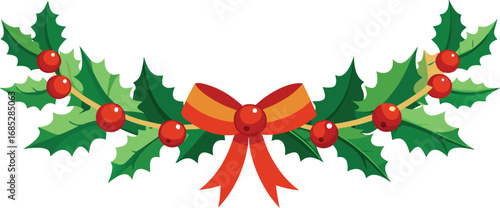 Christmas fir garlands, red bow and jingle bells. Flat vector illustration on transparent background
